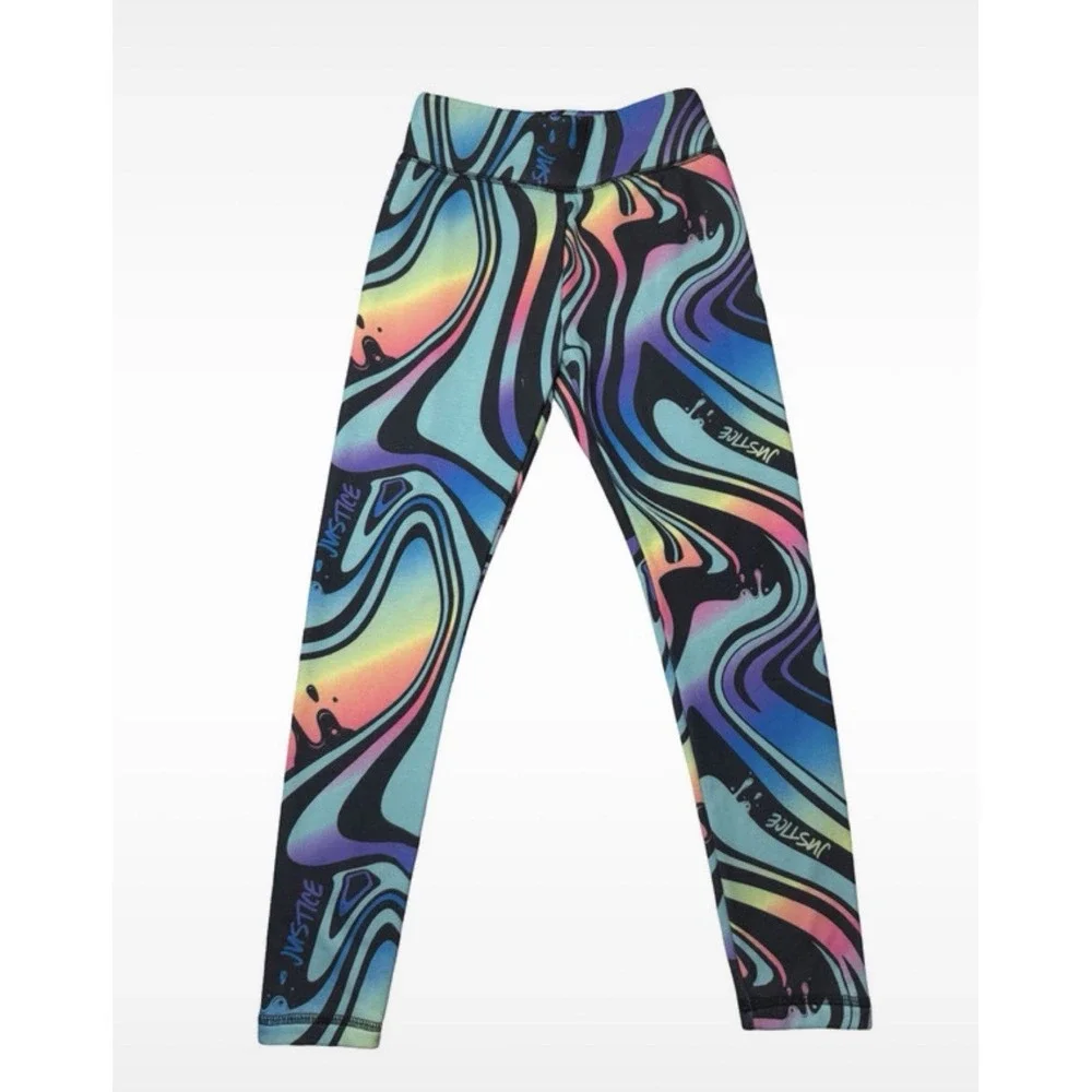 Justice Girls Multicolor Rainbow Swirl Fleece Lined Leggings Size Small (7/8)
